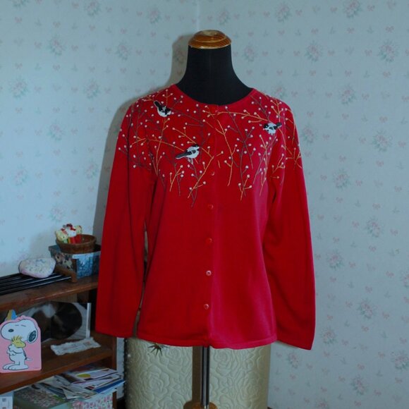 Coldwater Creek Red Cardigan With Embroidered Chickadees In Trees, Small - Picture 1 of 7